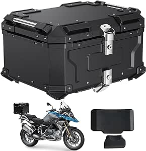 WANDA バイク用リアボックス リアボックス 【純粋アルミ製 45L/55L/65L/80L 大容量 完全防水】 ステンレスヒンジ使用 トップケース バイクボックス パニアケース バイクケース 軽量 アルミ製 汎用 取付ベース付 簡単脱着 キーロック可能 防犯対策 鍵2本付 交換可能 四角型 強度が高い バックレスト付属 ツーリング/通勤/デリバリー等 ブラック65L