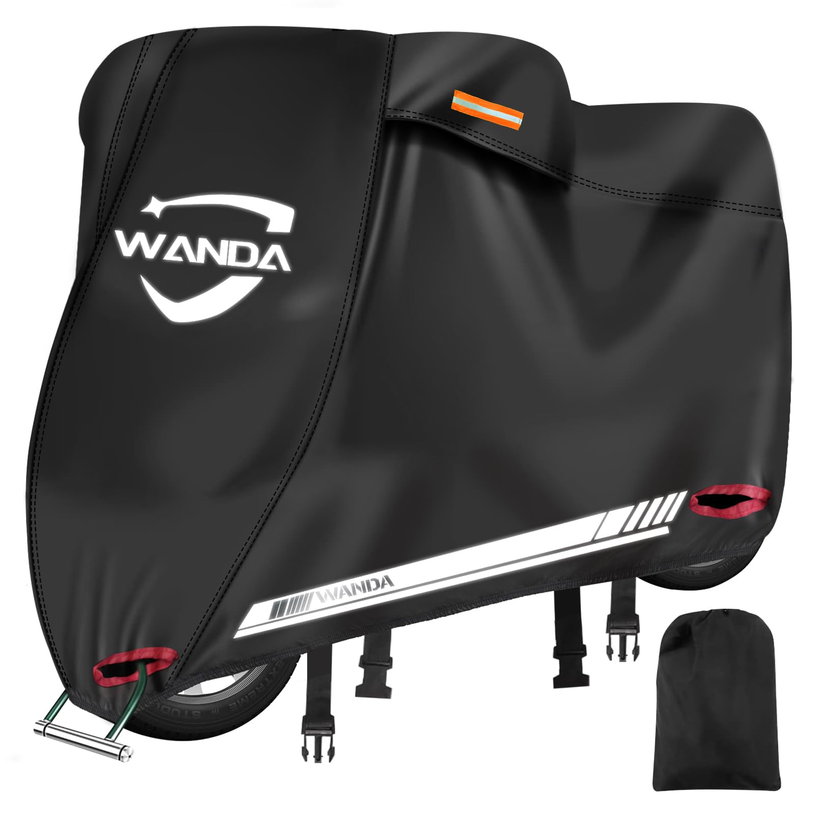 WANDA バイクカバー【420D厚手・全天候型・防水】破れにくい/耐熱/溶けない/UVカット/色褪せない/超撥水 【50cc-1800cc対応】風飛び防止/広い反射材/通気孔 オックス生地 (XL：220*95*110)