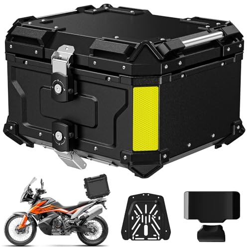 OFFBAIKU バイク用リアボックス トップケース【45L/55L/65/80L・アルミ製】リアボックス オートバイボックス バイクボックス パニアケース バイク用 バイクケース 独創的なロック 大容量 アルミ製 軽量 簡単脱着 取付ベース付 キーロック可能 防犯対策 鍵2本付 汎用 四角 ツーリング/キャンプ/通勤/出前/デリバリー等対応 ブラック 65L