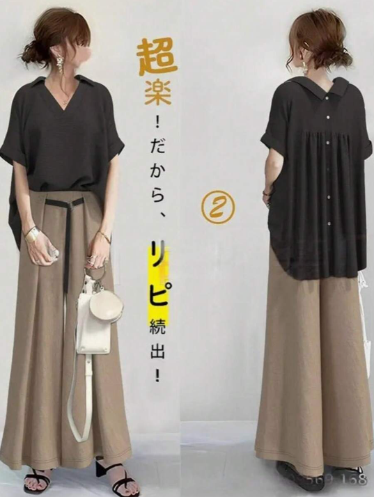 女性のパンツスーツ、2024年夏の新スタイル、ラペル、半袖トップス+ワイドレッグストレートパンツ、女性のパンツスーツ、快適でカジュアル、気質通勤