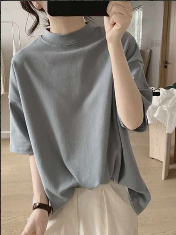 レディース ハーフハイネックTシャツ 春夏新作 ルーズ 韓国風 シンプル 半袖 ベーシックトップ