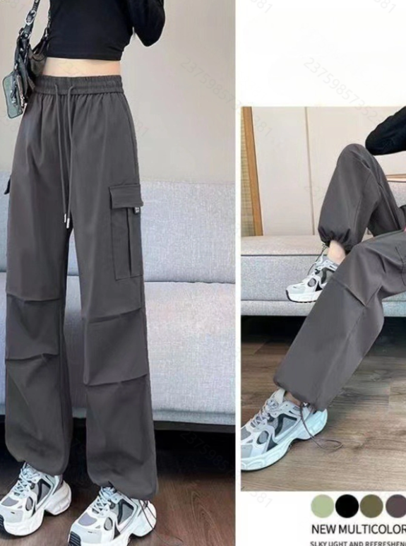 夏のアメリカンレトロとトレンディなワークパンツ、カジュアルで多用途なストレートレッグルーズフィット、高ウエスト、ハンギングフィーリング、女性用のボウンドレッグパンツ
