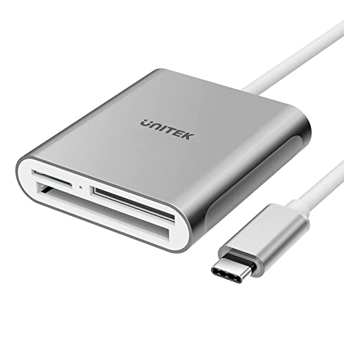 Unitek USB C マルチカードリーダー 3スロット搭載 SD・TF/microSD・コンパクトフラッシュ/CFカードリーダー USB Cデバイス用 3 枚のカードを同時に読み取る USB3.0 メモリカード アルミ合金 3in1外付けカードリーダー 高耐久 高速 データ読取 データ移行 コンパクト グレー