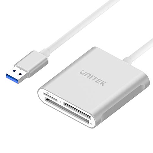 Unitek USB3.1 Gen1 マルチカードリーダー 3スロット搭載 SD/TF/マイクロSD/コンパクトフラッシュ/CFカード/マイクロ SDHC/MD/MMC/SDHC/SDXC UHS-I カード 3 枚のカードを同時に読み取る 高耐久アルミ合金 3in1外付けカードリーダー 高速 データ読取 データ移行 コンパクト シルバー