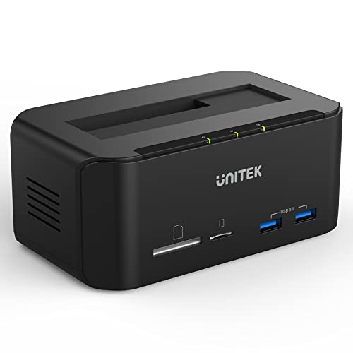 Unitek 5in1 多機能SATA HDD/SSDスタンド 2.5/3.5インチ SATA I/II/III対応 USB3.0 2ポートハブ プラグ・アンド・プレイ 2スロット搭載 2枚同時に読み取り SD・TF/microSDカードリーダー UASP/TRIM対応 最大18TB 高速 データ読取 データ移行 埃対策 12V/3A電源アダプター付き ブラック