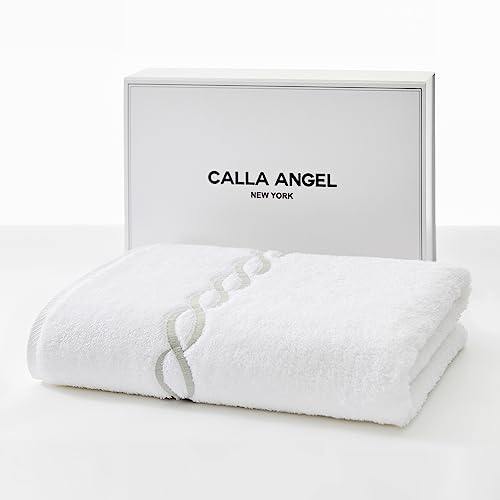 Calla Angel New York バスタオル 最上級 高級綿 エジプト綿100% 超厚手 大判 柔らかい 高吸水 白 海外 人気 ギフト 贈り物 箱入り ホワイト(シルバーチェーン柄) 1枚