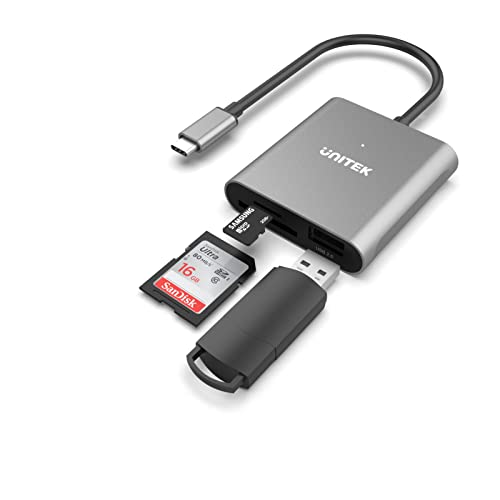 Unitek USB C SDカードリーダー 3 in 1 Type C to USB カメラ SD/Micro SDメモリーカードリーダー アダプタ 5Gbps MacBook Pro/Air iPad Pro/XPS/Samsung Galaxy S10/S9/S8などのUSB-Cデバイスに対応 カードスロット2個搭載 USB2.0ポート1個搭載USBタイプC ケーブル長さ15cm