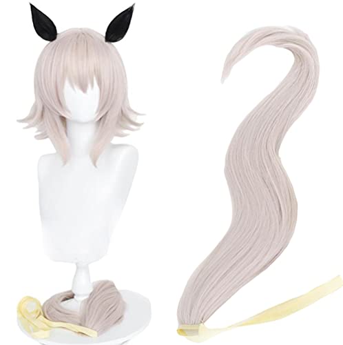 ABUNDANTDOODS カレンチャン 風 コスプレウィッグ 耐熱ウィッグ36ｃｍ 変装用ウィッグ cosplay wig かつら 専用ネットと櫛付 アッシュピンク (ウィッグ+耳+尻尾)