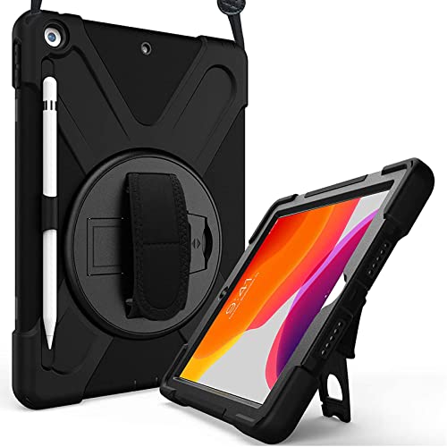 ProCase iPad 10.2 9/8/7 保護ケース 耐衝撃 バンパーケース 360°回転スタンド機能 調節可能なショルダーストラップ 対応端末： iPad 10.2