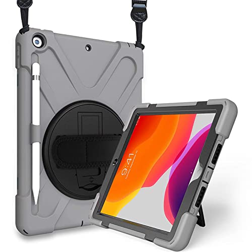 ProCase iPad 9/8/7 ショルダーケース 10.2”肩掛け式 耐衝撃カバー（2021 2020 2019) ペン収納 360°回転スタンド 手首付き -グレー