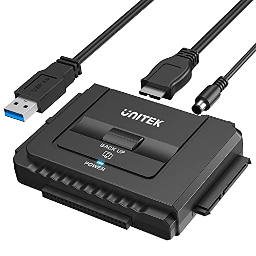 Unitek USB-A IDE SATA 両方対応 USB3.0 ドライブ交換アダプター 2.5/3.5インチHDD SSD 光学ドライブに対応 コンバータ 最大18TB 5Gbps 12V/2A電源アダプター付き 外付けドライブ 超高速データ転送 切り替えスイッチ ワンタッチバックアップ 丸ごとコピー 復元ソフトウェア 簡単操作