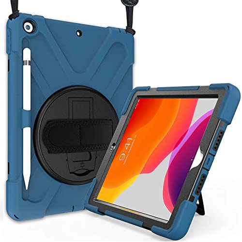 ProCase iPad 9/8/7 ショルダーケース 10.2”肩掛け式 耐衝撃カバー（2021 2020 2019) ペン収納 360°回転スタンド 手首付き -モロッコブルー