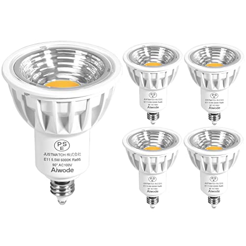 Aiwode 5.5W LED電球 E11口金 昼光色 6000K、50-60W形相当LEDハロゲン電球、LEDスポットライトCRI95 明るさ550lm調光不可広角90°交流100V キッチン、使用するアウトドア、オフィス、レストラン、PSE認証済、5個セット。