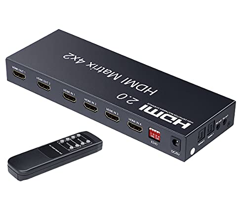 ELEVIEW 4K 60Hz HDR対応 HDMI マトリックス セレクター 4入力 2出力 音声分離 (光デジタル・3.5mmステレオ音声出力)｜1080p@120Hz HDMI2.0 HDCP2.2 異なる解像度出力可能 ダウンスケール機能 切替器 分配器 スイッチャー PS4 /PS5 /Nintendo Swichなどに適用 手動切り替え リモコン付き EHD-626Y