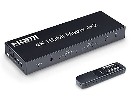 ELEVIEW HDMI 切替器 分配器 マトリックス 4入力 2出力 4K HDCP1.4 音声分離機能 (光デジタル・3.5mmステレオ音声出力) PS4・Nintendo Switch・Fire TV・ブルーレイレコーダーなどに適用 手動切り替え リモコン付き EHD-076Y