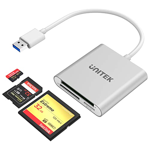 Unitek SD カード リーダー USB 3.0 メモリーカード リーダー 3カードスロット フラッシュカード アダプタ CF/SD/TF/マイクロSD/マイクロSDHC/MD/MMC/SDHC/SDXC UHS-I カードなどに対応 Windows と Mac用 アルミ合金製 シルバー コンパクト