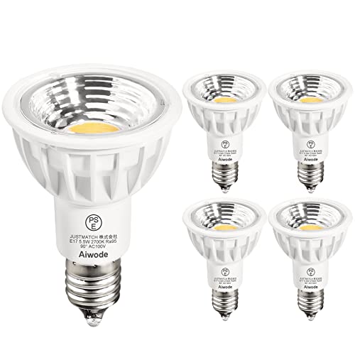 Aiwode 5.5W LED電球 E17口金 電球色2700K、50-60W形相当LEDハロゲン電球、LEDスポットライトCRI95 明るさ550lm調光不可広角90°交流100V キッチン、使用するアウトドア、オフィス、レストラン、PSE認証済、5個セット。