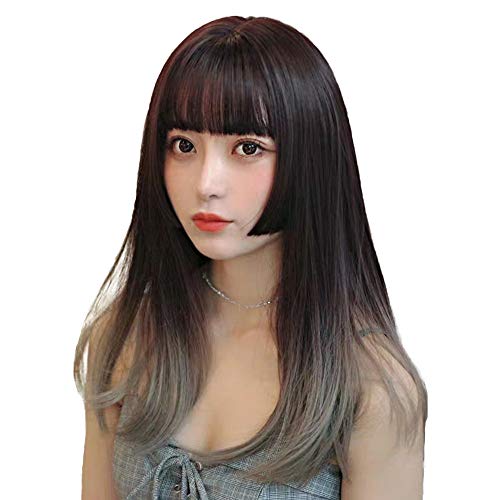 Limakaraウィッグ フルウィッグ ミディアム 姫髪 レディース ストレート ぱっつん セミロング ロング wig 姫カット 自然 耐熱 小顔効果 原宿 人気 ロリータ lolita 可愛い ネット/櫛付き（ダークブラウン＆グレー） フリーサイズ