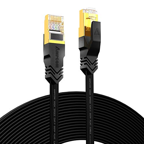 CAT7準拠STP 高速LANケーブル 20m 薄さ約2mm スリムタイプ AMPCOM 10Gbps/600MHz RJ45 フラットインターネットケーブル 金メッキコネク 高靭性ポリエステル採用 PVC被覆 爪折れ防止 黒 20M