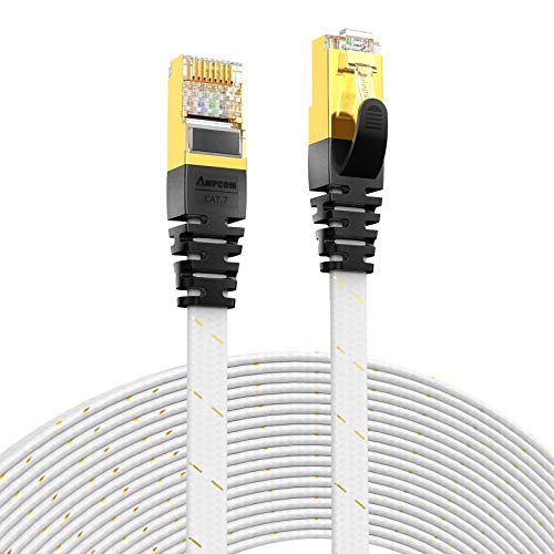 CAT7準拠STP 高速LANケーブル (10m) AMPCOM 10Gbps/600MHz RJ45 フラットインターネットケーブル 金メッキ コネクタ(組紐) 高靭性ポリエステル採用 PVC被覆 爪折れ防止 白 10M