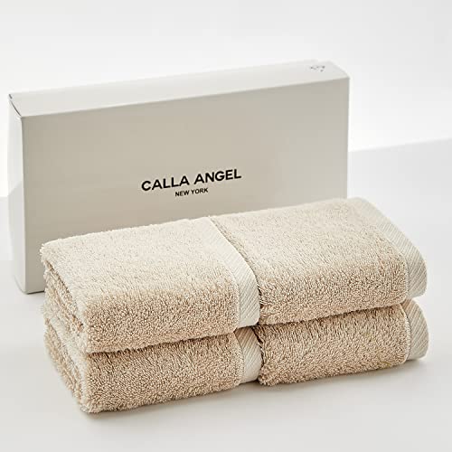 Calla Angel New York ハンドタオル 極上 高級綿 エジプト綿100% 高吸水 厚手 柔らかい コットン ホテル仕様 箱入り ギフト 海外人気 アクアシリーズ 選べる6色(ハンドタオル 4枚セット, ベージュ)