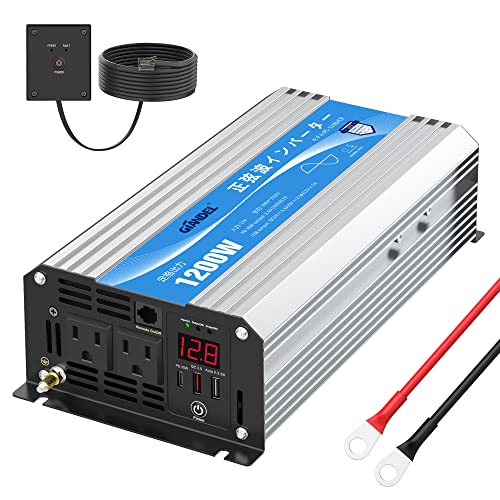 インバーター 正弦波 1200W DC12VをAC100Vに変換 コンバーター 55Hz PD30W USBポート付き ACコンセント 2口 リモコンつき LEDディスプレイつき GIANDEL