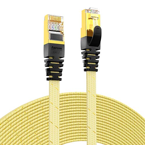 CAT7準拠STP 高速LANケーブル (8m) AMPCOM 10Gbps/600MHz RJ45 フラット インターネットケーブル 金メッキコネクタ(組紐) 高靭性ポリエステル採用 PVC被覆 爪折れ防止 金 8M