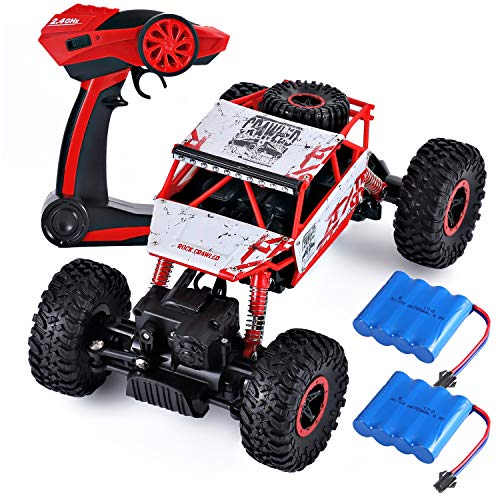 ラジコンカー こども向け RCカー 2つのバッテリー 付 2.4GHZ 4WD オフロードリモコンカー ラジコンオフロード 四駆 電動オフロードバギー 子供向け おもちゃ 贈り物 (赤)