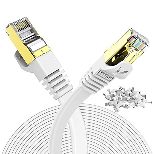 50m LANケーブル CAT7 高速 Veetop ギガビット 10Gbps 750MHz カテゴリ-7 準拠 金ツメキ RJ45コネクタ 難燃性 耐候性 屋外 耐汚い フラット 爪折れ防止 イーサネットケーブル STP PS4 PS5 ADSL回線 CATV回線 光通信回線 ISDN回線に対応有線らんけーぶる(50ｍ, 白い)