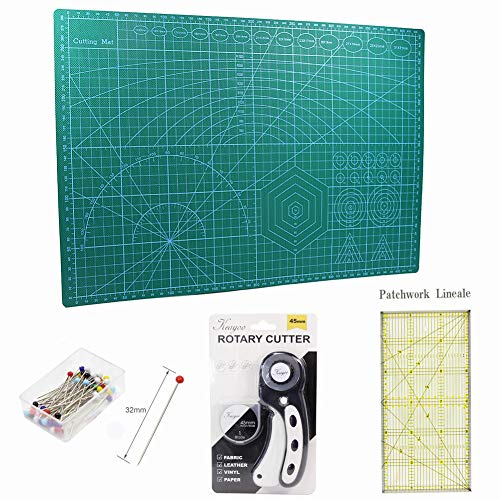 keayoo カッターマット 両面A3 300×450mm ロータリーカッター付き 回転刃 ルーラー 洋裁用ピン 4点セット パッチワーク定規 など洋裁道具 製図用品 手芸材料 パッチワーク道具小まわりセット(緑色)
