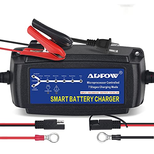 ADPOW 12V バッテリー充電器 5A バッテリーチャージャー 15-120Ah用 メンテナンス充電器 サルフェーション除去 7段階全自動充電 LED表示 過電圧/過電流/過熱/逆接続/ショート等保護 トラック/カー/オートバイ/自動車等用