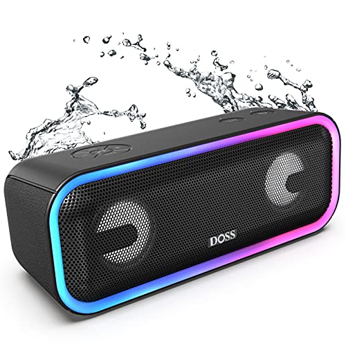 DOSS SoundBox Pro+ Bluetoothスピーカー ワイヤレス ポータブル 小型スピーカー【24W 重低音／15時間再生 ／ワイヤレスステレオ対応／ライティング機能／IPX5 防水／マイク内蔵／20ｍ最大伝送距離／Aux-in TFカード対応 お風呂 アオトドア適用】ブルートゥーススピーカー(Black)